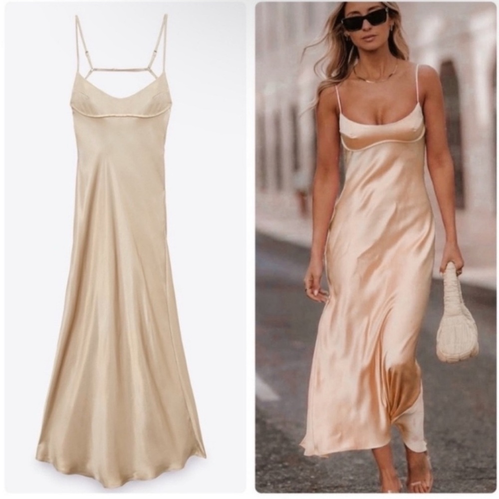 *NWT* Zara Satin Effect Cut Out Cami Slip Dress in Taupe Gray